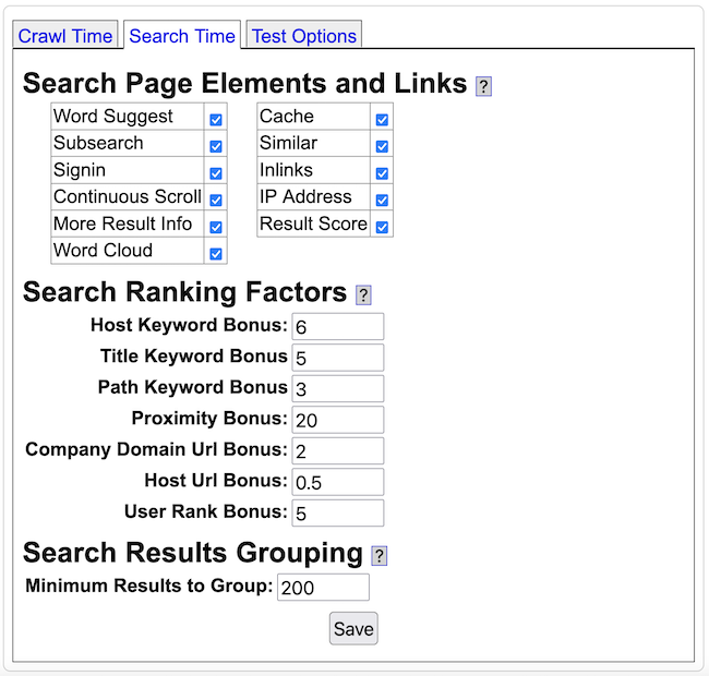 The Page Options Search form